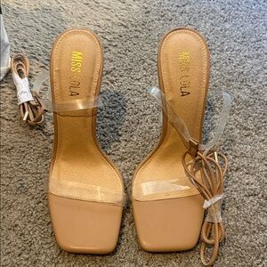 Miss Lola Nude Heels with Clear Straps